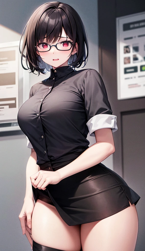 (masterpiece), anime, Best quality, good anatomy, one girl, Hinata Hyuga, (full height), white eyes, Big breasts, realistic face, gloomy face, Looking down, dark hair, short haircut, navel ,bare shoulders, tight black top, decollete, black pencil skirt, tall legs, beautiful legs, office, Reflectors, 8K masterpiece, super detail, film movie, best quality, best ditails, detailed face, detailed eyes, camera from bellow