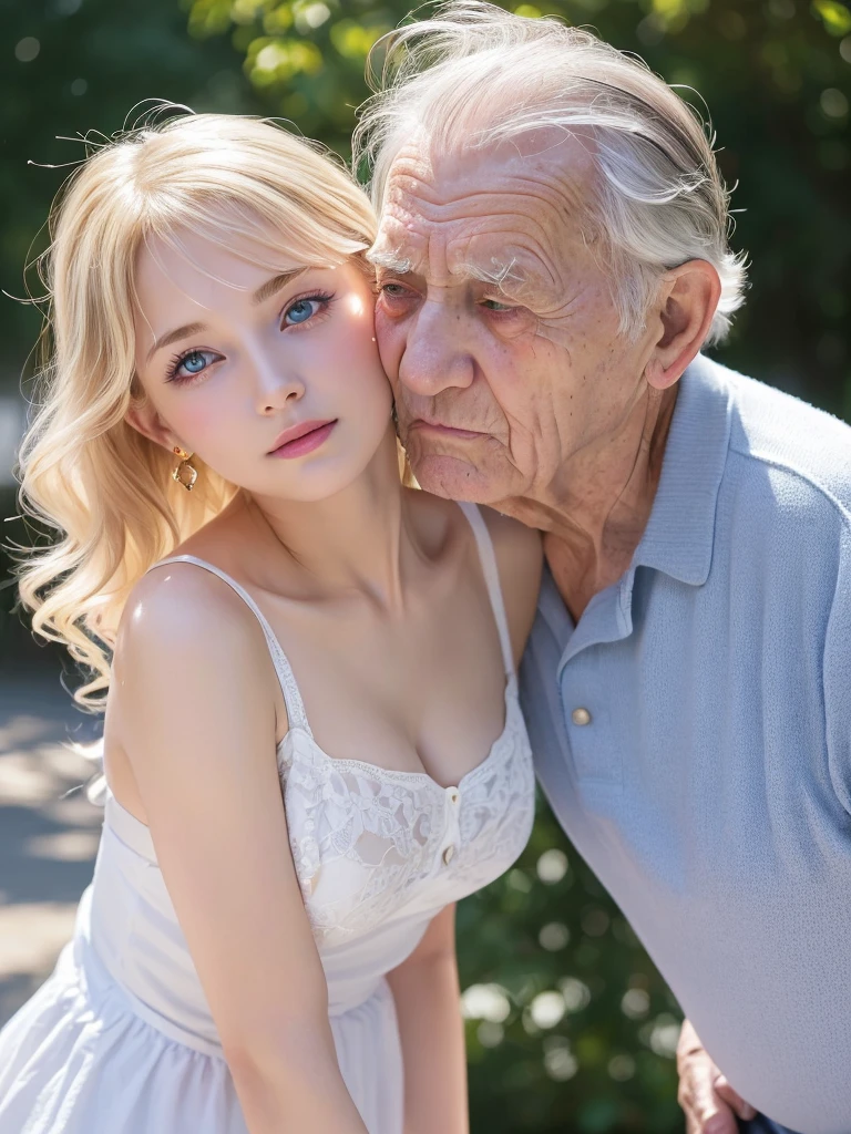 ((Highest quality)), ((masterpiece)), (High-definition photos), (1 old man, 1 young girl:1.4),  (drill hair), (spiral curl), kissing,  (long blonde), (bangs),  (Beautiful young girl and her father:1.3), gal, long, Light eyeshadow, (earrings), during, (pointy breasts:1.3), covered nipples, white dress, (snowy white skin), (Blushed:1.3), upper body, ((Embarrassing)), Half-open mouth, Shiny skin、elbow groves, wetty lips, Thin eyebrows、(Blue eyes:1.1),  (old man is holding girl from behind:1.4), Warm sunlight, A girl stands with the view of Amalfi
