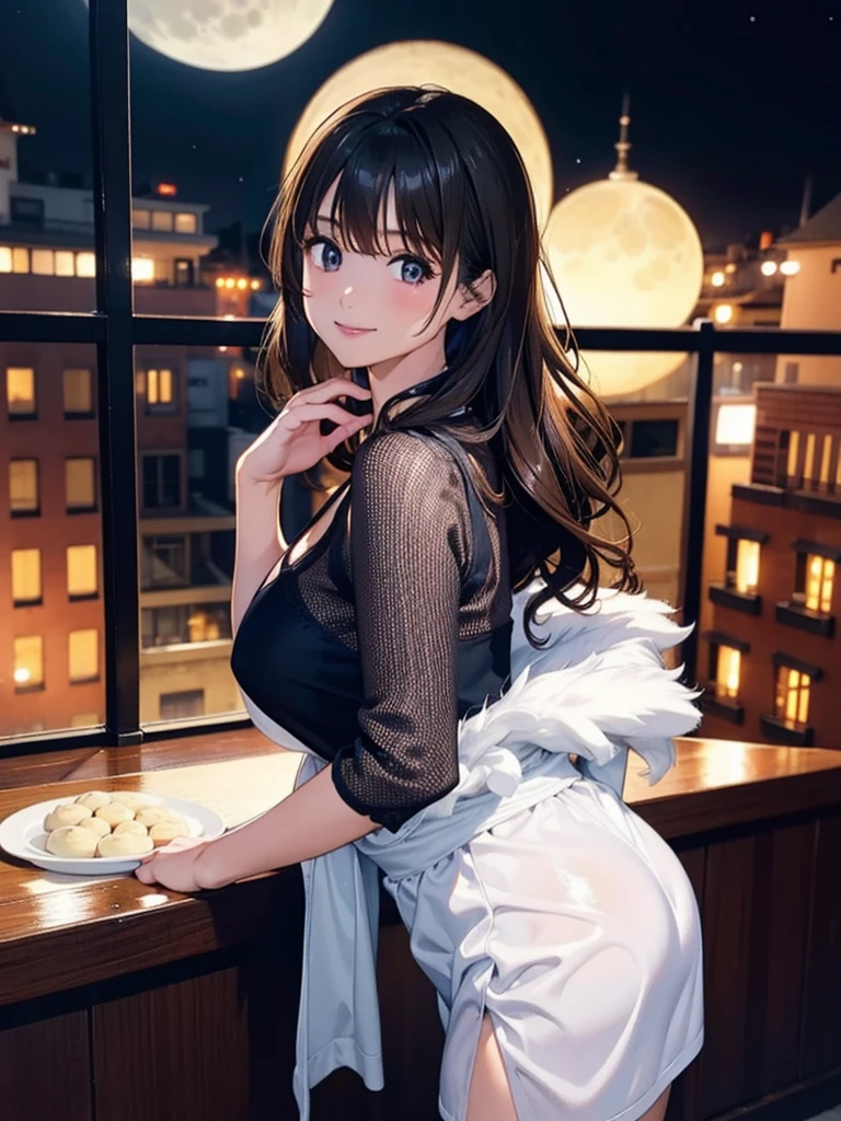 (A white short-sleeved dress with a round collar and small buttons in the front:1.5)、(night:1.5)、(White micro mini skirt:1.5)、(Black ribbon around neck)、(Leather Belt)、((Long straight purple hair that reaches down to the waist))、(Big red eyes)、(Closed front button)、、restaurant、Small Nose、Big Mouth、round face、(Big Tits:1.4)、anime、highest quality、High resolution、Thin and transparent nipples、1 person、Sitting on a wooden chair、(Wide-open legs)、(A small button is undone, revealing a deep cleavage)、Moist eyes