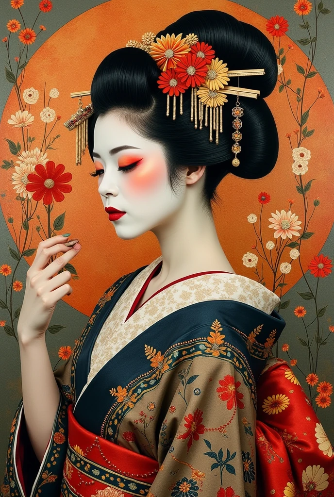 collage painting, many geishas, dramatic, sexy, romanticism, neo-classical, experimentalism, baroque, impressionism, expressionism, unexplained beauty, avant garde, art deco, art nouveau, 