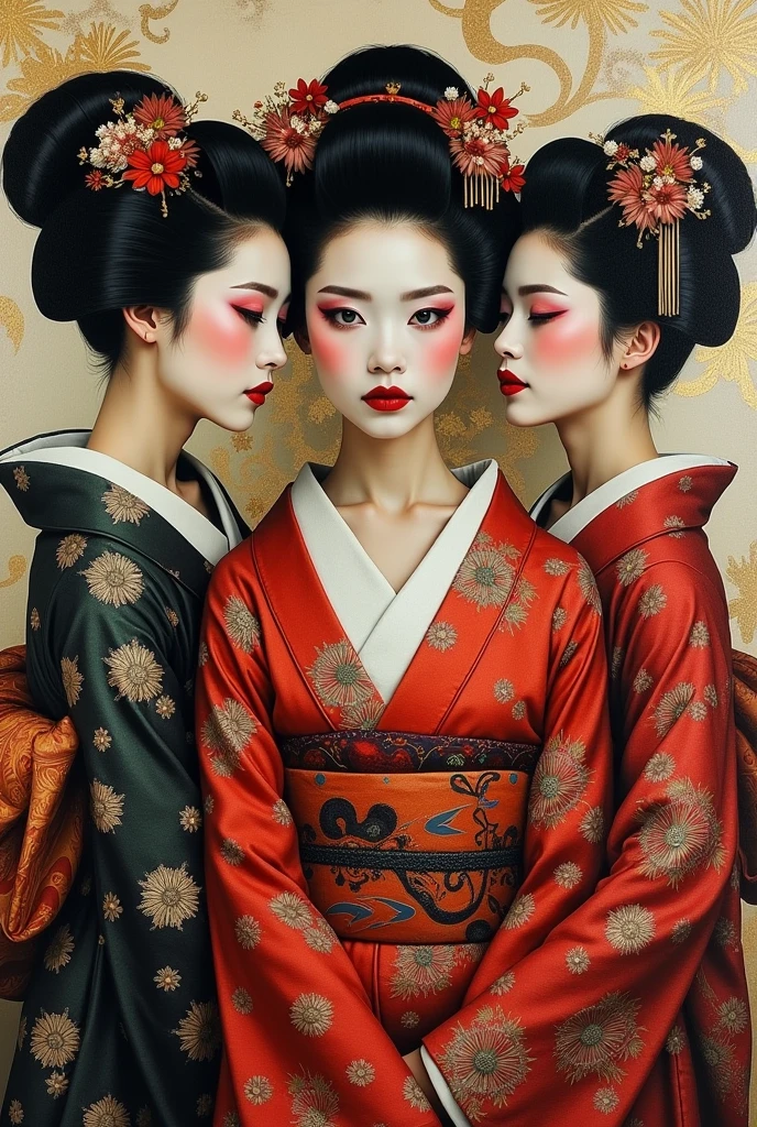 collage painting, many geishas, dramatic, sexy, romanticism, neo-classical, experimentalism, baroque, impressionism, expressionism, unexplained beauty, avant garde, art deco, art nouveau, 