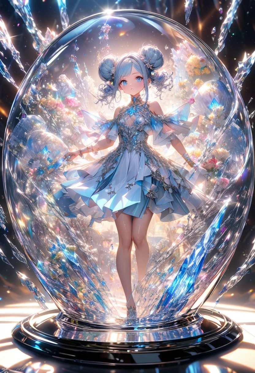 Super detailed, 8k, Angelic, glass, Water in a glass, Flowers in a glass, bubble, Right Blue Water, nice, bright,Girl in glass,Super Mini Girl,Refraction of Light,Reflection of light,Dynamic Angle,whole body,Stylish clothes,Stylish hairstyle,Stylish accessories,お洒落なglass,Stylish clothes,Twin bun hairstyle,Hydro Explosion,***の周りを回転するbubble,shock wave,Hair blowing in the wind,Fantasy,Glowing particles,輝くbubble,Multiple colors,Shiny Hair,Shoulder Bare,((Shining Crystal Rod,Hold in right hand,1.8)),Get Ready,Glowing Lips,Cold air,超Dynamic Angle,Backlight,Shiny Body,Stylish accessories,Ice Queen,Queen&#39;s Majesty,