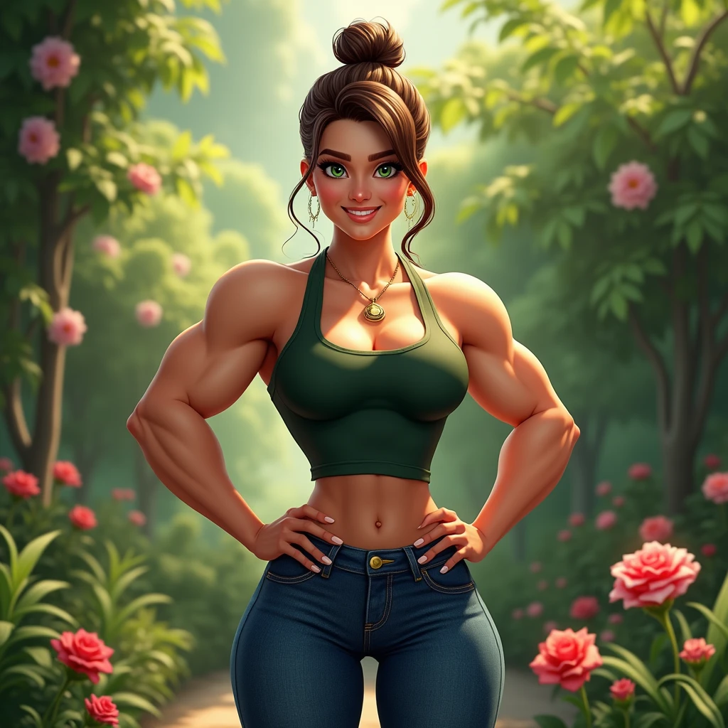 Artistic Female Detective、Ahoge、braid ponytail、Smiled、musculature、Muscular beauty、Physical beauty、Muscle Contest,celebration、Holding a bouquet、present、Brown-skinned、matsuri、