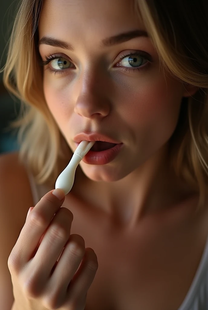 a teen girl smoking cigarettes rapidly while titty fucking a penis, the cigarette ash is growing very long, the cigarette ash is super long, sucking very hard on the cigarette, pain, agony, lots of cigarette ash, lots of cigarette smoke, titty fuck, penis between breasts, holding breasts, penis squeezed between breasts, disgusting slut, looking directly at me, teenager
