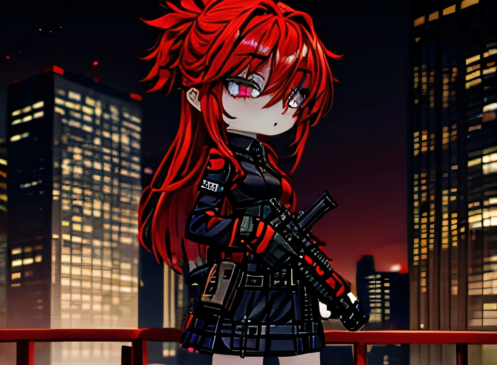 Girl kneeling in a balcony with a sniper in her hand, red hair, red and black eyes, black military clothing,night, chibi, inspired by gacha life, detailed eyes, detailed sniper, detailed body, good anatomy, chibi, girl shooting sniper in a balcony, night, dark, detailed hair, not that big and not that, looking at her sniper, DARK, NIGHT,  LOOKING DOWN