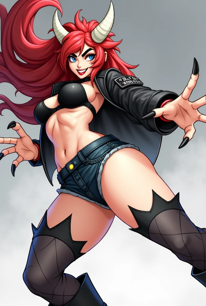 Dorohedoro Style, sexy young girl, a scary wolf mask with short red hair sticking out from under it, a heavy leather jacket with spikes, jeans, a girl holding a sword
