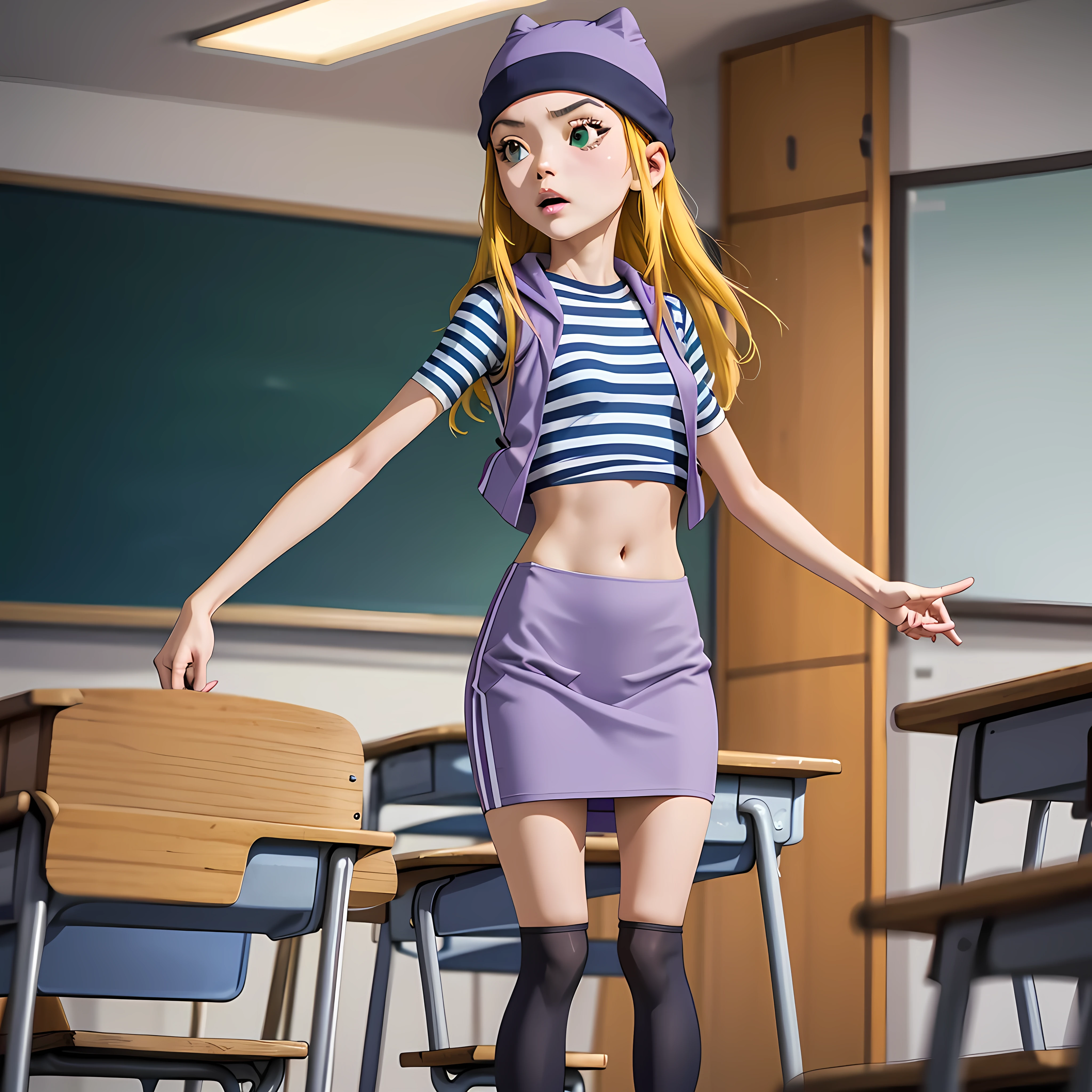 (masterpiece, best quality), 1girl, izumi Orimoto, indoors, classroom, green eyes, blonde hair, long hair, purple beanie, purple vest, purple miniskirt, blue white striped shirt, long purple socks, purple vest, striped shirt, navel shirt, small  size breast. skirt lift, lifting skirt
