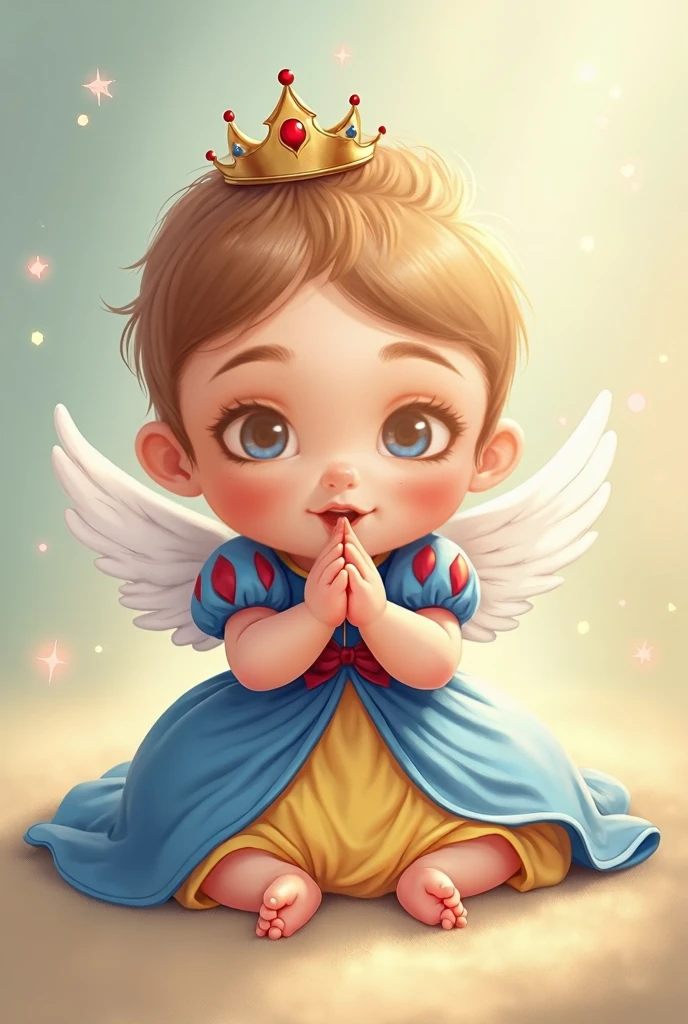 fundo brilhante, a single baby angel, hands in prayer position, ternura, cute baby face, Two month old baby angel, pequenas asas brancas de anjo , wears a colorful jumpsuit, nas nuvens, in sky, Two month old baby angel, Facing the camera, 8k, ultra realistic