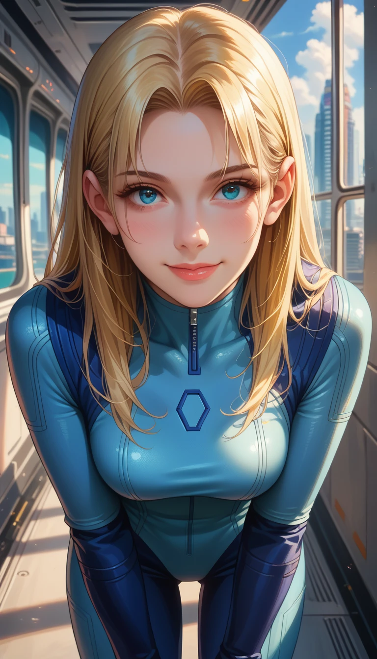 (best quality), (real picture, intricate details), cinematic lighting, fantastic realism, highly detailed, score_9, score_8_up, score_7_up, girl solo, blonde hair, bodysuit,blue clothes, blue pants, standing, leaning forward, flirtatious smile, blowing a kiss, looking at you, spaceship, from frontal