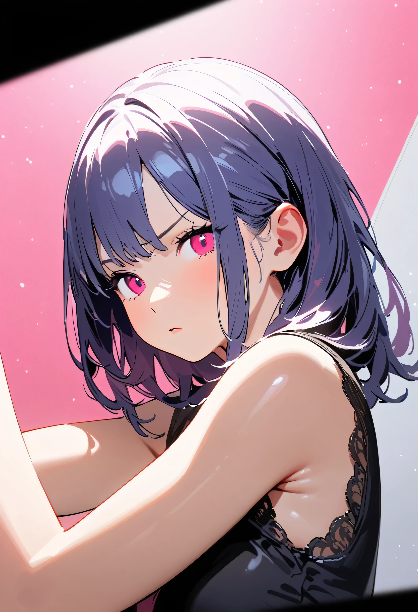 Alone,1girl, Girl in black lingerie、Upper Body、Cross your arms、She puffs out her cheeks and is angry、 Pink Theme Background、break ,background\(outside, noisy city, backstreet, narrow street, neon lights, at night\), break ,quality\(8k,wallpaper of extremely detailed CG unit, masterpiece, high resolution, top-quality, top-quality real texture skin, hyper realistic, increase the resolution, RAW photos, best quality, highly detailed, the wallpaper, golden ratio\),(close up:1.0),dynamic angle, long shot,d4rkpurp