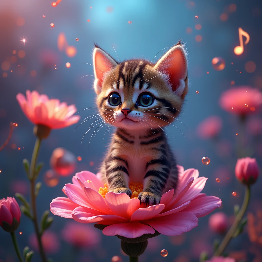 The world&#39;s smallest kitten, （brown、fur with black stripes）Perched on someone&#39;s flower, is definitely cute and attractive. This picture is very realistic、It accurately captures the subtle features of a small cat.Noh、神楽舞This is a high-quality 4K masterpiece CG image featuring highly detailed and intricate designs.。Intricate details、，In the center is an unknown creature.、Background is in neon pop abstract art style、Cinema Lighting、A lot of bubbles flowing in detail、It features slowly moving notes。Surrounded by ultra-fine glowing particles overall、Focus on happiness and dynamic background elements、It&#39;s a vivid and complex image.。