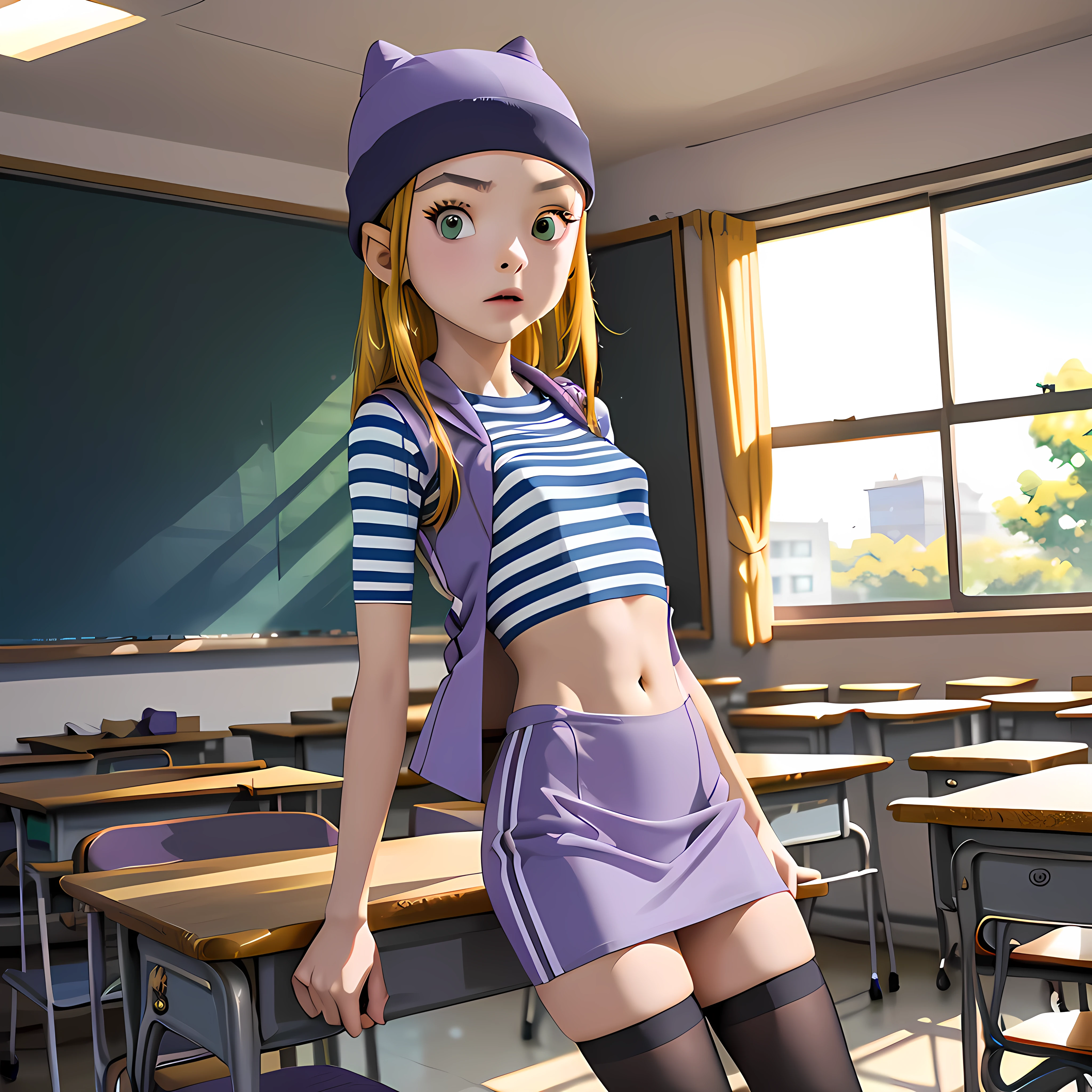 (masterpiece, best quality), 1girl, izumi Orimoto, indoors, classroom, green eyes, blonde hair, long hair, purple beanie, purple vest, purple miniskirt, blue white striped shirt, long purple socks, purple vest, striped shirt, navel shirt, small  size breast. skirt lift, lifting skirt