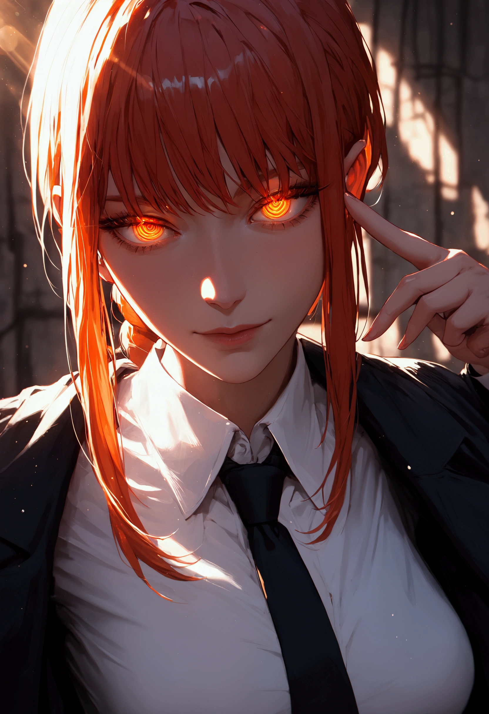 1girl,adult,mature female,long hair,orange hair,single braid,orange  eyes,glowing eyes,looking at viewer,(evil smile:0.6),medium breasts,(half-closed eyes:1.2),black long coat,white collared shirt,long sleeves,necktie,
lens flare,blurry background,blurry foreground,face focus,close up,dark theme,light blue tint,light particles,cinematic lighting,depth of field,deep glow effect,foreshortening,,film grain,light rays,shiny,dark background,concrete grey wall,makima \(chainsaw man\),spiral eyes,partial lighting,finger gun aiming at viewer,,, score_9,score_8_up,score_7_up