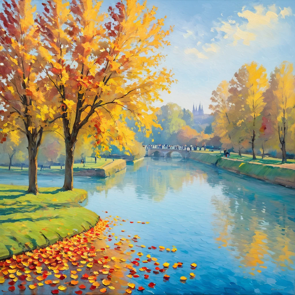 a detailed illustration, best quality, night cityscape, park, floating autumn leaves on water, red and yellow leaves, impressionist style, printmaking style, lithograph style, transparent blue water, soft reflections, serene atmosphere, soft lighting, western painting style, peaceful scene