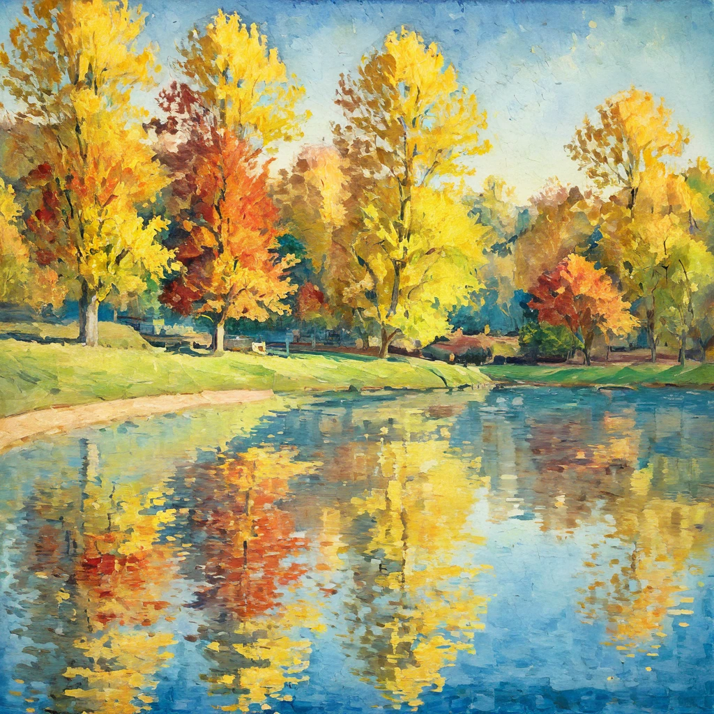 a detailed illustration, best quality, night cityscape, park, floating autumn leaves on water, red and yellow leaves, impressionist style, printmaking style, lithograph style, transparent blue water, soft reflections, serene atmosphere, soft lighting, western painting style, peaceful scene