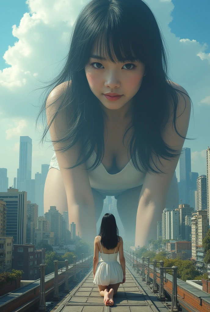 Huge,adolescent,black fur,divide white, sarcastic smile,joke,A giant girl taller than a building., bare legs, bare feet, Barefoot,destroying the city,miniature city,Standing in the city.