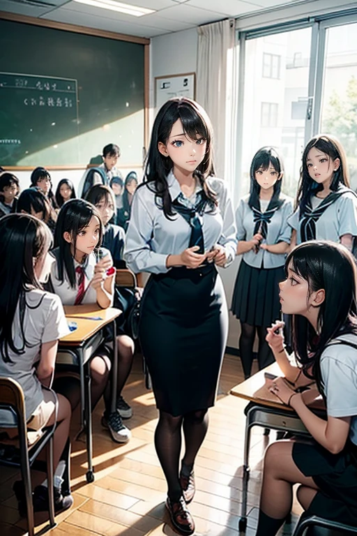 japanese school girl，JK school uniform，There must be only one person in the whole picture，All high heels must be displayed in their entirety，The entire leg must be displayed in its entirety, And must wear extra-long gloves，Stockings are mandatory，High heels must be worn，It is forbidden to appear men，Must be a full-body image，anatomy correct，（realisticlying，tmasterpiece，The best quality，hyper HD，The is very detailed，cinmatic lighting），（delicated face，best qualtiy，very detailed eyes and faces，Amazing beauty），
