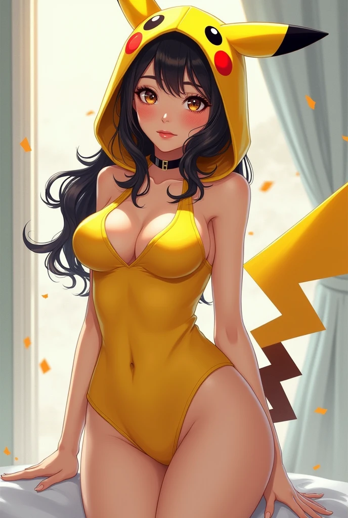 masterpiece, best quality, (kunikida hanamaru:0.999), (long hair:0.888), (breasts:0.878), (brown hair:0.875), (looking at viewer:0.699), (gigantic breasts:1.0), Blush, Closed mouth, fishnet bodysuit, yellow tight leotard, elbow gloves, thighs, sleeveless, embarrassed smile, standing, cleavage cutout