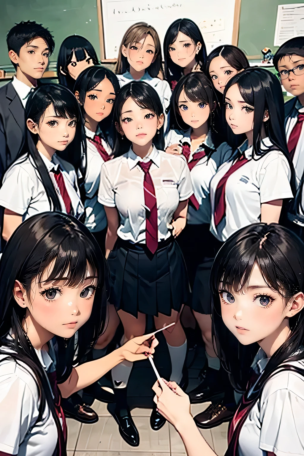 A female teacher pees while taking a group photo with many students、The female teacher couldn't hold it in and peed herself、A female teacher is surrounded by many students、Urinary incontinence、From below、White Suit、White Mini Skirt、High heels、Perfect figure、Extremely beautiful、Female teacher is embarrassed、A large number of students are watching、All smiles、All busty、Japanese schoolgirl