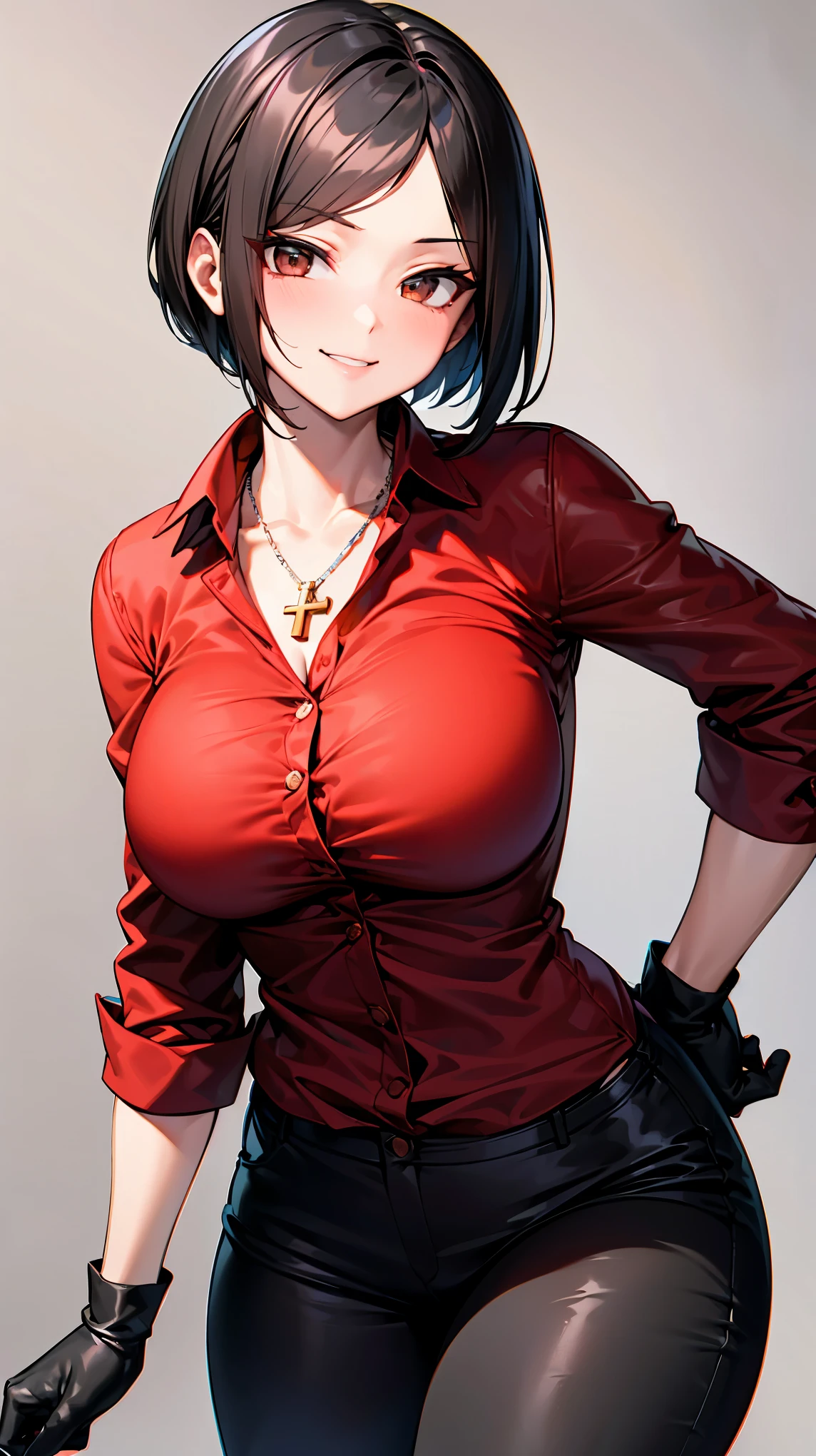 （（super high quality,））（（Ultra-high resolution,））（16k,）（super masterpiece,）（（Ultra HD ,））（Detailed shading,）Upper body shot,One sexy adult woman,Straight black hair, very short,Side-swept bangs,Sharp Eyes,Brown Eyes,A provocative smile,A red shirt suit with the third button undone,Stand up your collar,Cross Necklace,Folded sleeves,Tight black pants,Long black gloves and boots,