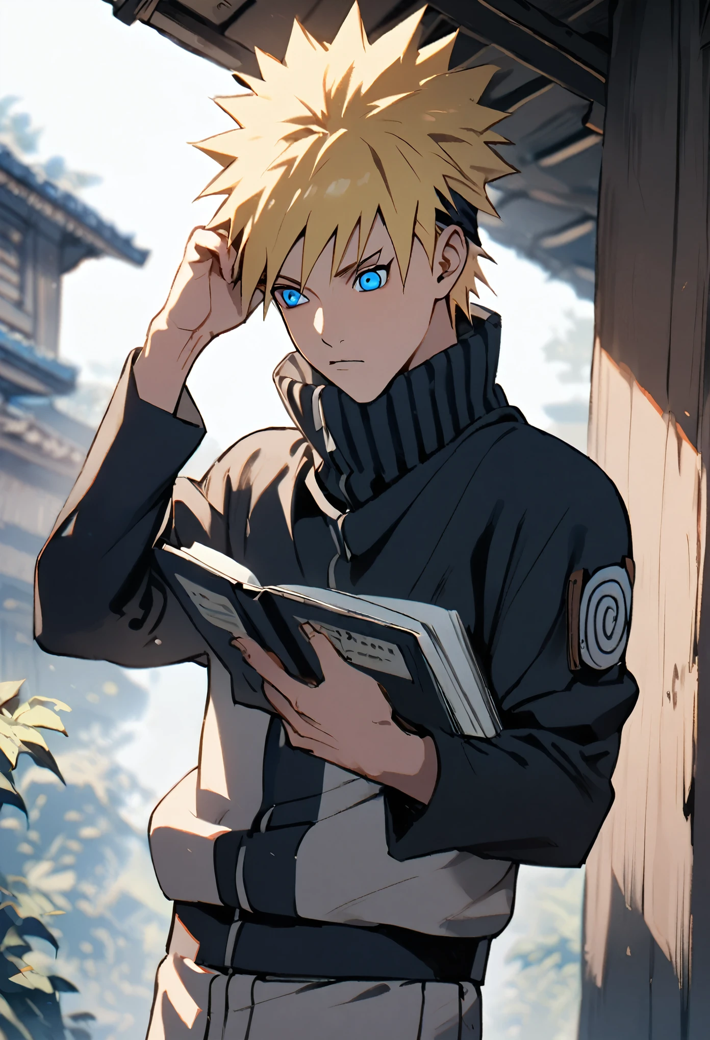 1boy, Alone, Naruto, Spiked hairstyle, Hair in front of the ears, blond, Blue eyes, ANBU clothing, shinobi, ninja, reading a grey book 