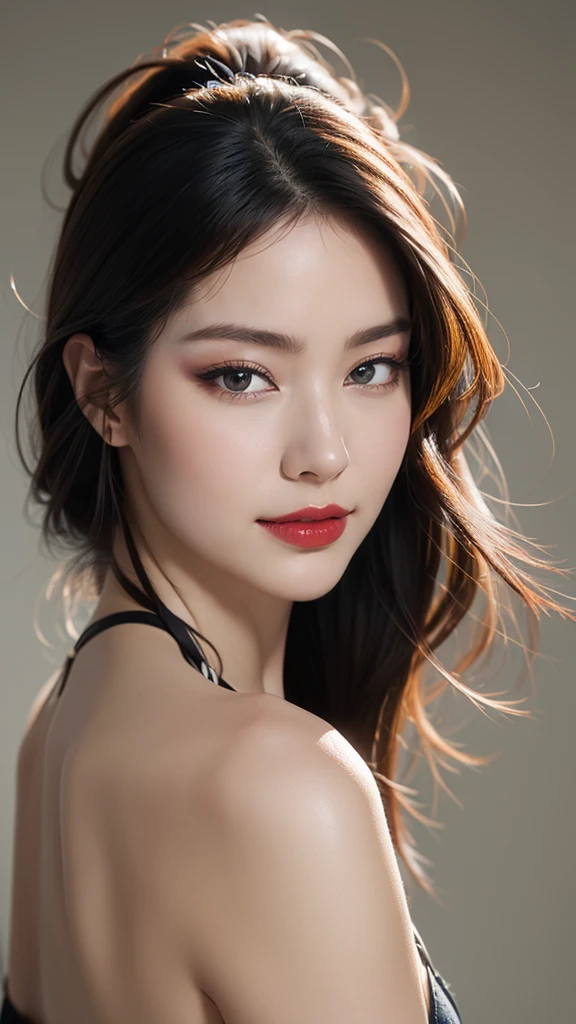 High resolution, masterpiece, high quality, Textured skin, Ultra high definition, Background blur, far and near method, woman、30th Generation、Face close-up、Large Breasts、A seductive smile、Red Lip、Center-parted black hair、Droopy eyes、bikini、Simple Background, 