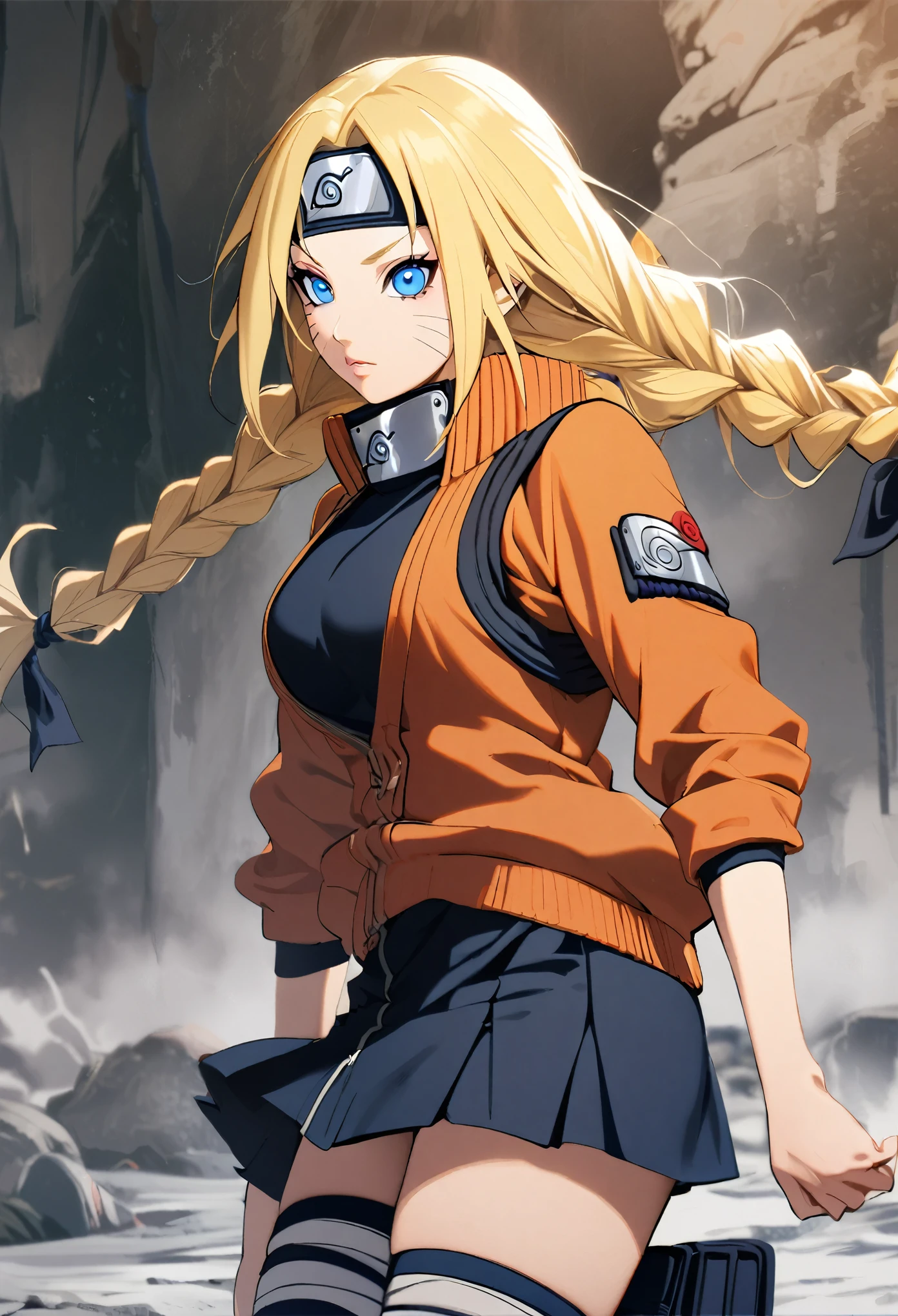 1girl, Alone, blonde hair, Long hair, Breasts, Blue eyes, double braids, Naruto, skirt, short shorts, orange jacket, ninja forehead band 