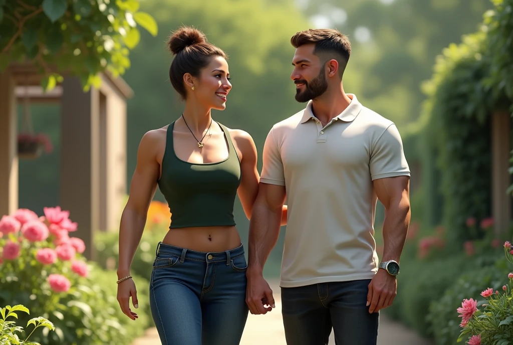 ultra photorealistic image, masterpiece, 8k, high resolution, best quality, ultra-detailed), 1 man and a woman together in the photo, the man is very tall, single, one person, bodybuilder, hot, perfect elongated face, handsome, bald, deep, detailed eyes, bald , shaved head, perfect body, 30 years old, muscular, very tall, pale skin, white skin, very tall (he is about 6 feet 5 inches, very muscular, smiling, sexual, winner, poses as a model, during the day, has light bright and dynamic sun, poses in a park with many trees and flowers, comfortable clothing, casual clothing, shirt, camisole, designer shirt, shorts, blue sneakers, all clothing Perfectly covers the extremely muscular body of the bodybuilder The man near the woman looking at each other, the man is taller than the woman A woman: Next to her is an Asian woman with a wavy face, smiling, long straight hair with curves at the ends, dressed in a pink t-shirt with short jeans, white socks and pink tennis shoes.