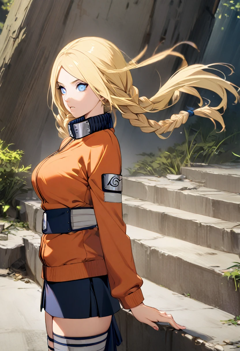 1girl, Alone, blonde hair, Long hair, Breasts, Blue eyes, double braids, Naruto, skirt, short shorts, orange jacket, 