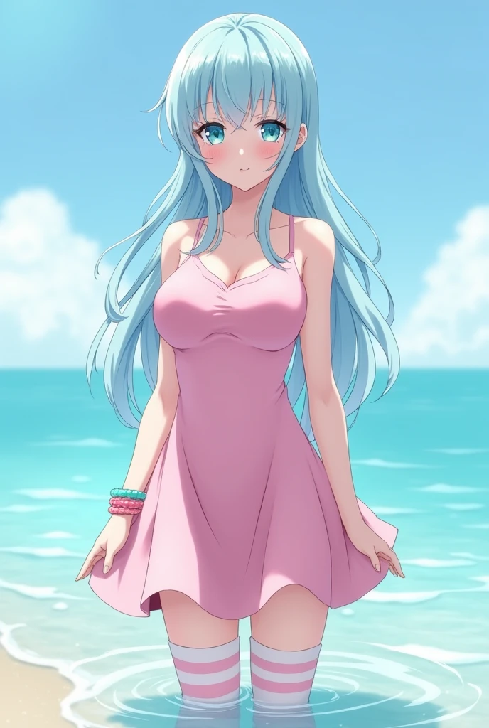 Best quality, one girl, cute, anime, hair is colorful, beautiful sky, beach, crystal clear white skin, asian girl, full body, middle school student, , radiant, high contrast, seduction, sensuality, hair color is colorful silver-pink, smile, nipple, nipple, topless, bare foot, low angle