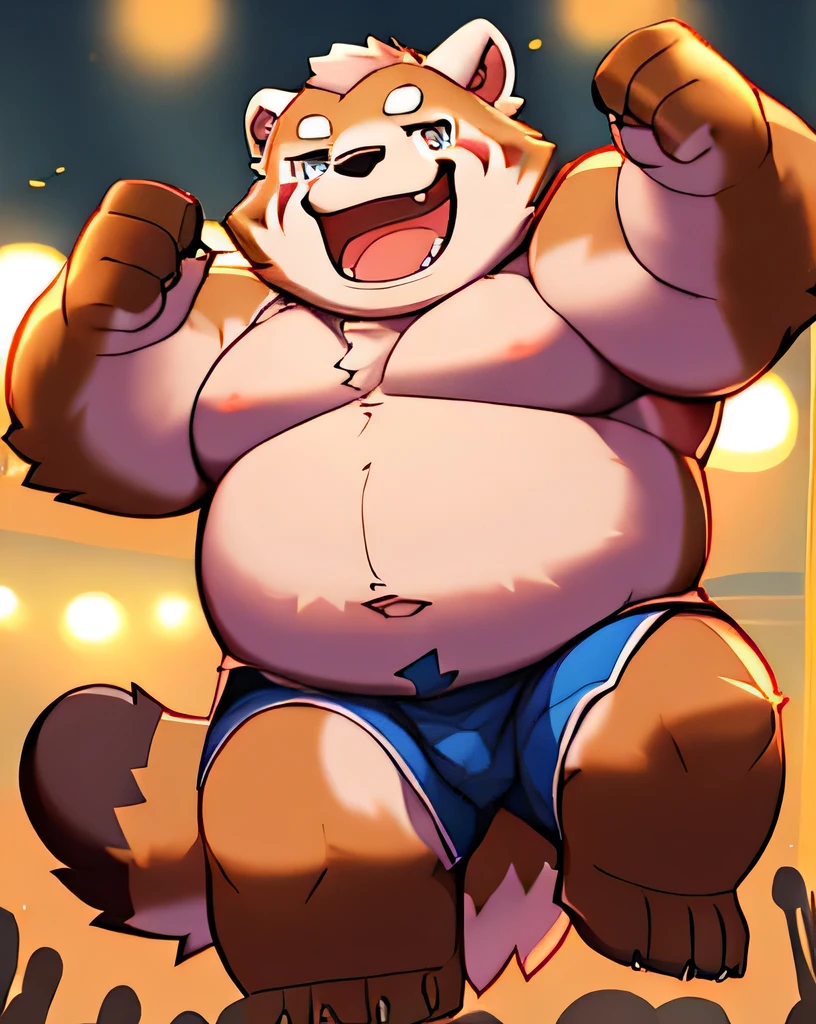 , Muscle Gut, Big Chest, Cute bear boy, Brown fur, Blushing, (Sweaty), Tank top, Short Trunks, Large crotch bulge, Japanese traditional house, tatami, futon