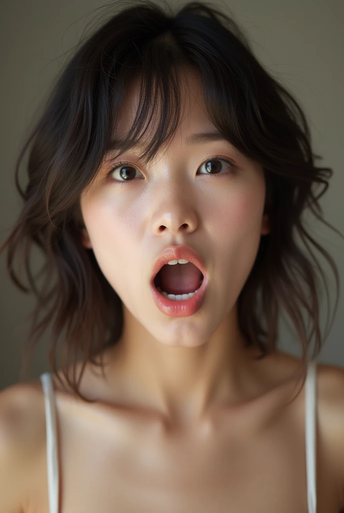 A beautiful Japanese woman with a huge mouth, completely naked, making funny faces、１Swallowing a naked middle-aged man, head and all。