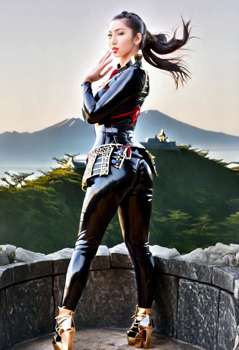 score_9, score_8_up, score_7_up, score_6_up, score_5_up, score_4_up, 1dk, BREAK, (full body view:1.7), (on top of a mountain:1.3), Japanese castle in background, sunset, golden hour, looking at viewer, Asia, long hair, black hair, (Christina Chong wearing latex samurai armor ), , hair blowing in the wind, falling cherry blossoms, spring, brown eyes, misty background, [43stl1ght1ng,:2]
