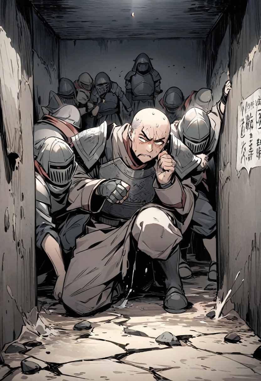 Near the entrance to the narrow prison、A portrait depicting a scene in which an ashigaru (foot soldier) cannot bear the stench and has to pinch his nose in agony.。The foot soldiers were wearing old armor.、Frowning and pinching his nose with one hand。His face showed unbearable discomfort and anguish.、Your face is flushed。All around, excrement smeared on the stone walls is conspicuous.、The dirty wall is clearly the source of the odor.。In the background、The other foot soldiers stood a little distance away.、They watch him suffer with expressions of shock and confusion.。In the corner of the screen、Smoky waves are drawn due to the bad smell、The unbearable suffering of the foot soldiers and the harshness of their environment are emphasized.。Make sure your whole body fits on the screen、Please draw the scene in a way that conveys the sense of urgency and discomfort.。