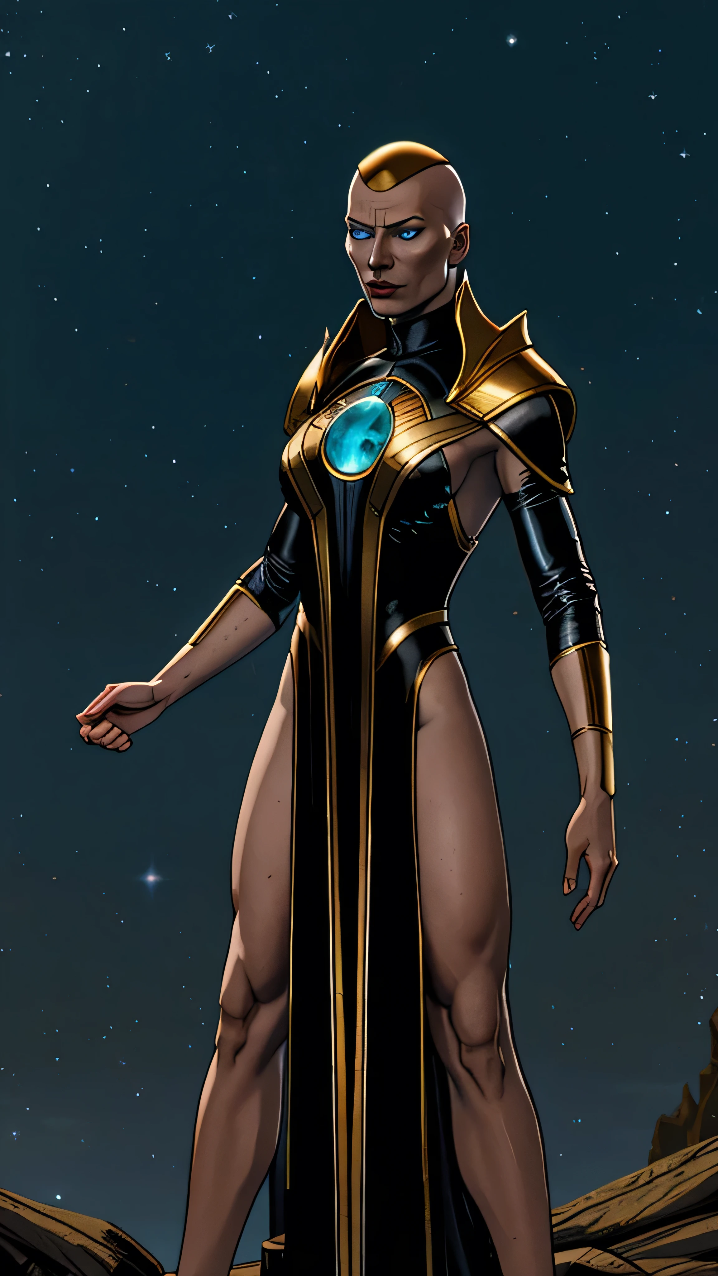 (Tilda Swinton) as Kronika from Mortal Kombat, blue eyes,black sclera, bald, gold cap, robes, cleavage, hips, legs, standing, giant hourglass, abyss, milky way, (insanely detailed, beautiful detailed face, masterpiece, best quality), cinematic lighting, 1woman, solo, full body view, front view, looking at viewer, intricate, high detail, sharp focus, dramatic, photorealistic painting art by greg rutkowski