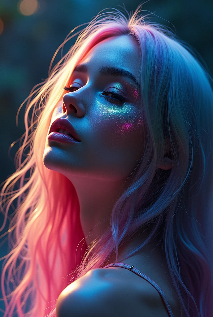 (Facing Viewer), Nude, half body, close up, glowing woman in Pink, Pink hair, ethereal light, dark background, intense light, surreal atmosphere, digital art, dramatic lighting, detailed textures, ultra-high resolution