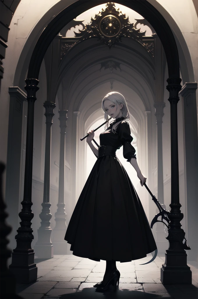 beautiful girl、cute、baby face、smile、Long skirt、Black pumps、.(Best Quality,4K,High resolution,Masterpiece 1.2),Very detailed,Real 1.37,Spooky altar background,Dark fantasy,Black color scheme,Ominous atmosphere,Eye-catching,Storytelling,anatomy,Anime Style,Concept Art,Inappropriate behavior,Scythe Face,beautiful, Delicate facial features, pale Skin, Dark Background, Cinema Lighting, Dramatic Shadows, Gothic, Gloomy atmosphere, Dark fantasy, One person&#39;S, Red cheeks, ,(Blood splatter 1.3),Scary smile, smile,Angel Design, TwiSted smile、Bloody,(Blood splatter 1.3),skull,Horror Style, ((Fantasy Sweet Ta Frill Black Costume)), ((Flowing black hair)), Female Curves, Sexy flat stomach, Perfect hands, Perfect anime character face, (Black Dress)), Standing, ((邪悪なsmile)), ,(Dark fantasy1.3), Steam circulation, Moonlight Illumination, night lighting, (Blood splatter 1.3),アニメAngel Design, Gothic Gothic建築、architecture、Western architecture、Fantasy World、,Victorian city, Skeleton Gas Light,Absurd, High resolution、 ((Tabletop)), ((Best Quality)), (Very detailedな), ((Very detailed)), (beautiful), ((cute)), (nfsw1.8), One personで,(1.6)、beautiful face、Full Body Ezbian、pale, beautiful肌、Big Breasts、beautiful黒いの髪、Long Hair、優しくsmileむ、Dark building ruins、(snow white&#39;Frill dress 1.3)、(暗い廃墟はBloody 1.3)、Low angle full body shot、(Glasses1.2)、(Creepy 1.3)、(The girl lost a lot of blood.......1.3)、(クレイジーなsmile1.6)、Spirits、(Blood dripping from the mouth 1.3)、（Glasses1.5）、Glasses、Droopy eyes、Gothicドレス、Bangs, Long Hair, Black Hair、