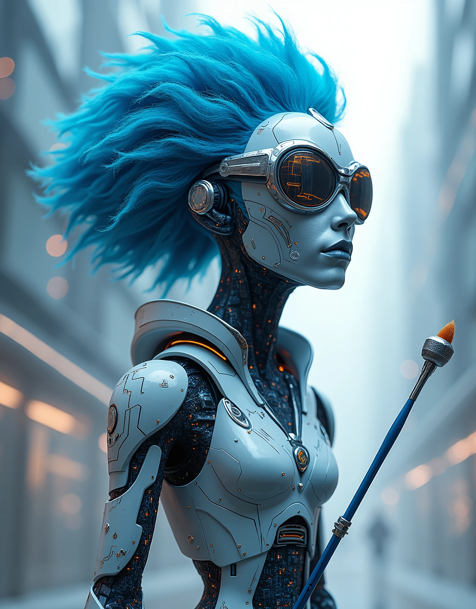ral-opal, meahophontron, cyberpunk robot woman, (color clothes: yellow, blue, ?????) (soft tones) futuristic atmosphere, photo in sea and beach