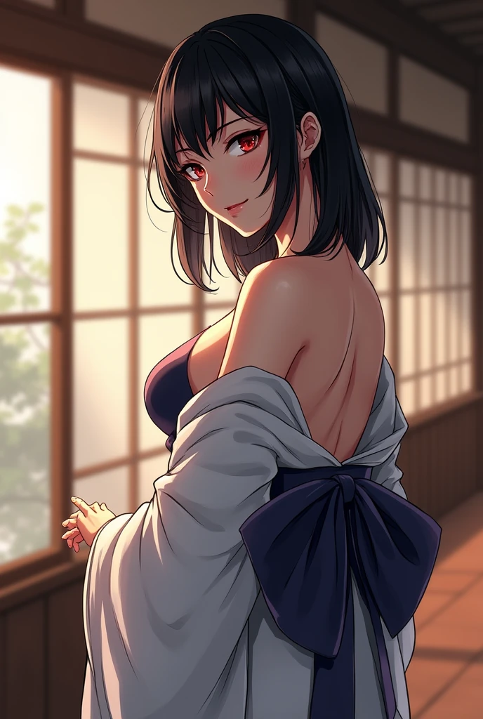 A naked girl wearing only a yukata, The front of the yukata is open and visible, navel, hands behind body, masterpiece, best quality, super detail