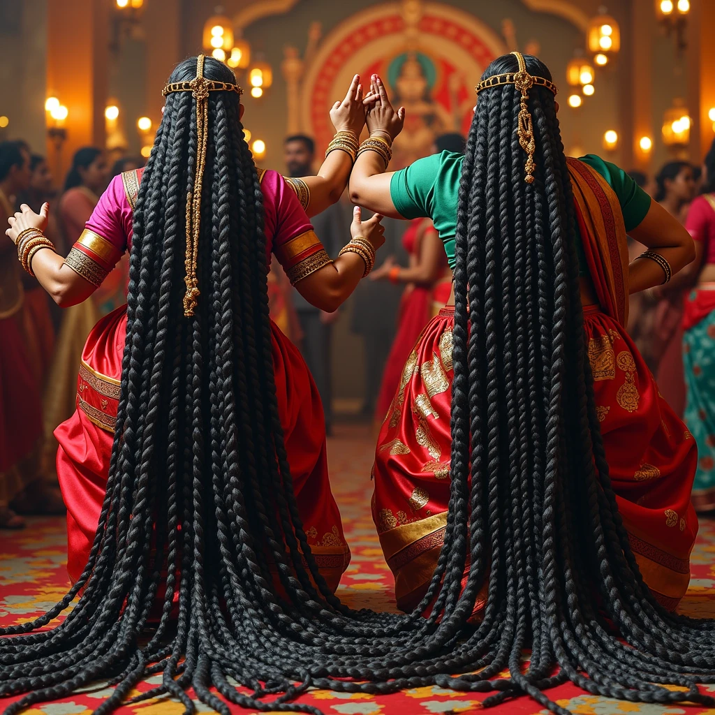 In the heart of a vibrant Kali temple, bathed in the flickering light of oil lamps, a spectacle of extraordinary beauty unfolded. Two mature Indian women, their faces painted with intricate designs, stood poised in a traditional dance posture. Their attire, resplendent in rich colors and adorned with intricate embellishments, was a testament to their cultural heritage.Yet, it was not their attire that truly captivated the eye, but rather their hair. Their long, jet-black braids, intricately cornrowed, were a marvel of craftsmanship. As they performed the possession dance, their heads tilted and swayed, sending their braids cascading down their backs in a mesmerizing display.But the most extraordinary transformation occurred when the women were overcome by divine possession. Their braids, once sleek and controlled, seemed to come alive, twisting and writhing in a frenzy of movement. As if by magic, each individual strand seemed to be infused with a luminous energy, shimmering and glistening in the lamplight.The oil, poured liberally over their hair, transformed it into a cascade of liquid gold. Each strand, now coated in a thick, viscous substance, seemed to elongate and stretch, creating a mesmerizing effect. The women's hair, once a mere adornment, had become a living, breathing entity, pulsing with a radiant energy.As the dance reached its climax, the women's heads tilted back, revealing a breathtaking sight. Their braids, now transformed into a shimmering waterfall of oil-drenched strands, seemed to defy gravity, stretching out in a mesmerizing display. The light caught the oil, creating a kaleidoscope of colors that danced and shimmered across the surface of each strand.The women's braids were a testament to the art of cornrow braiding. Each strand was meticulously interwoven, creating a complex pattern that was both intricate and beautiful. The oil, acting as a natural sealant, enhanced the shine of the braids, making them appear almost ethereal. The women's 