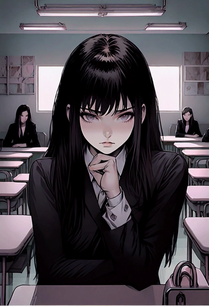 Male, Black wolfcut hair, femenine face, school uniform, beautiful