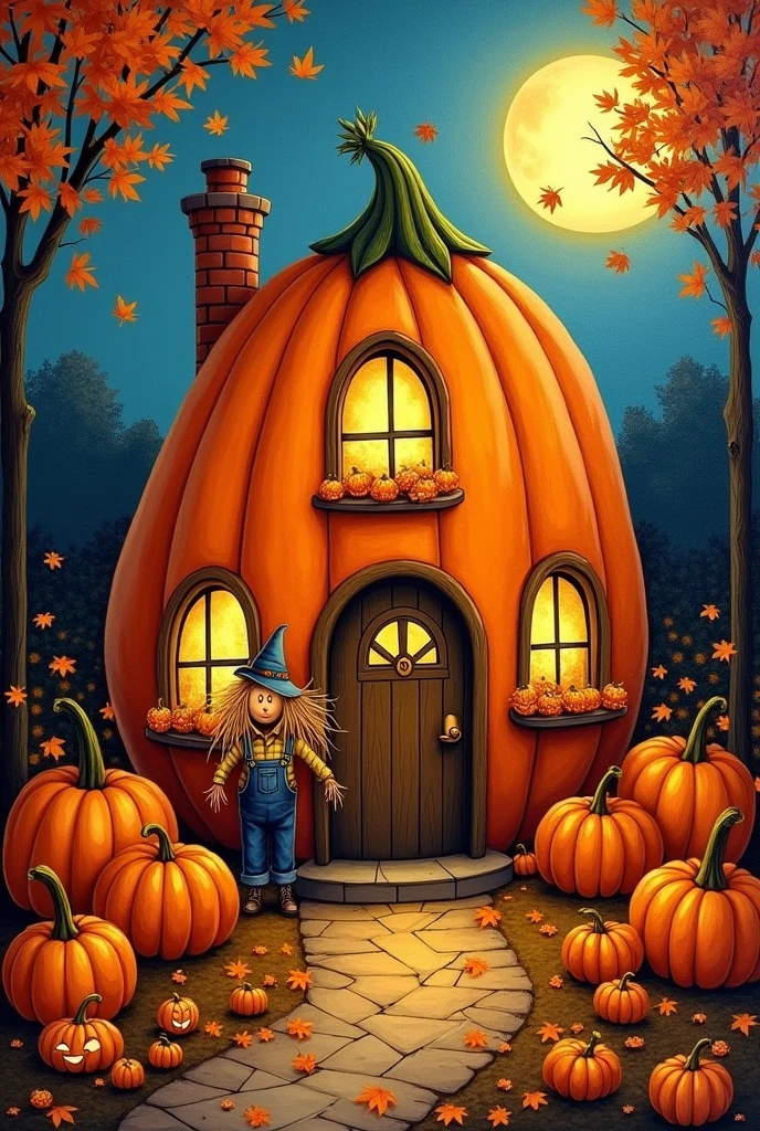 A round vibrant whimsical pumpkin house with cozy windows glowing with ...