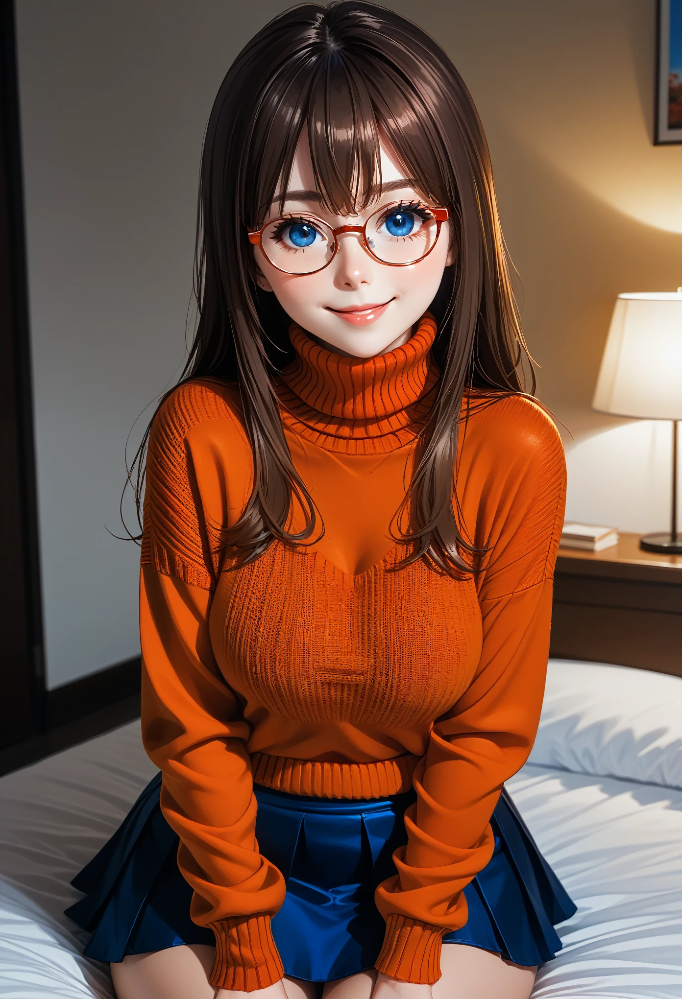 A woman, beautiful face, kissing lips, long bangs, blue eyes, smile grin, bedroom, sitting on bed, showing cameltoe, eyes at viewer, orange knitted turtle neck sweater, clear lens glasses, red school girl skirt, view from below, big breast, clevage, shiny skin, anime, hentai