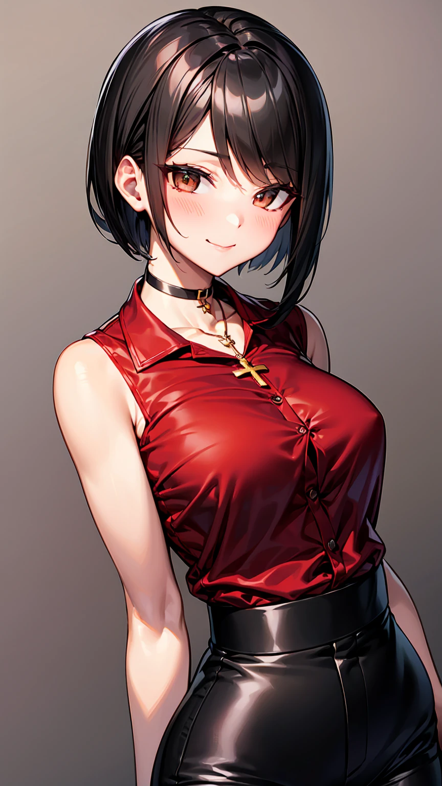 （（super high quality,））（（Ultra-high resolution,））（16k,）（super masterpiece,）（（Ultra HD ,））（Detailed shading,）Upper body shot,One sexy adult woman,Straight black hair, very short,Side-swept bangs,Sharp Eyes,Brown Eyes,A provocative smile,A red shirt suit with the third button undone,Raise the collar,Cross Necklace,Folded sleeves,Tight black pants,Long black gloves and boots,