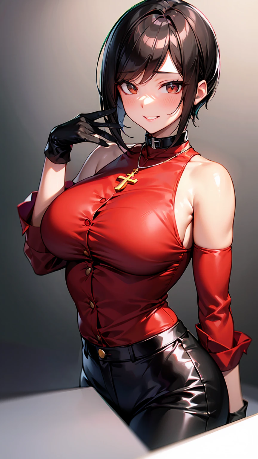 （（super high quality,））（（Ultra-high resolution,））（16k,）（super masterpiece,）（（Ultra HD ,））（Detailed shading,）Upper body shot,One sexy adult woman,Straight black hair, very short,Side-swept bangs,Sharp Eyes,Brown Eyes,A provocative smile,A red shirt suit with the third button undone,Raise the collar,Cross Necklace,Folded sleeves,Tight black pants,Long black gloves and boots,