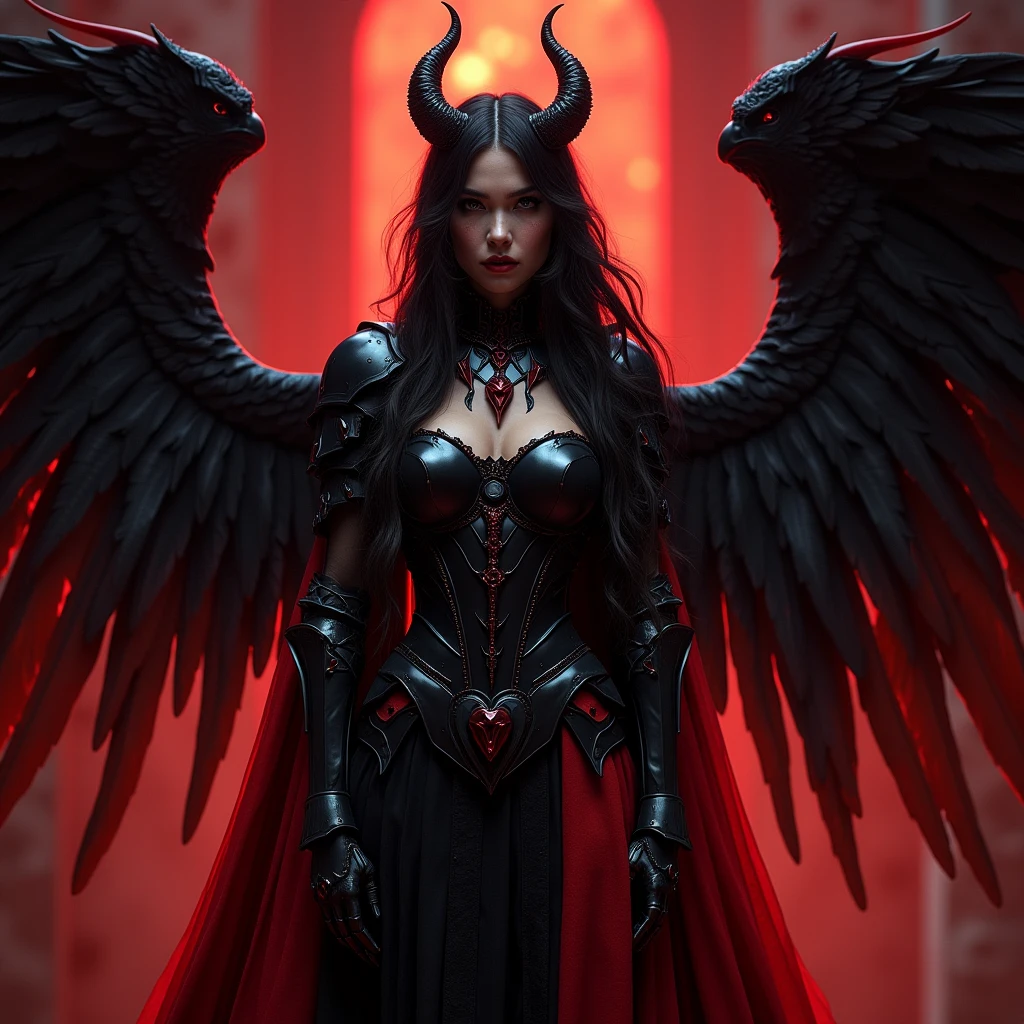 zavy-dmnc, a archdemon lilith in beautiful but horrific black full plate armor in a satanic cathedral bathed in demonic glow at night, red translucent skin, full body armor, glowing red eyes, extremely long curly black hair with red glowing streaks 