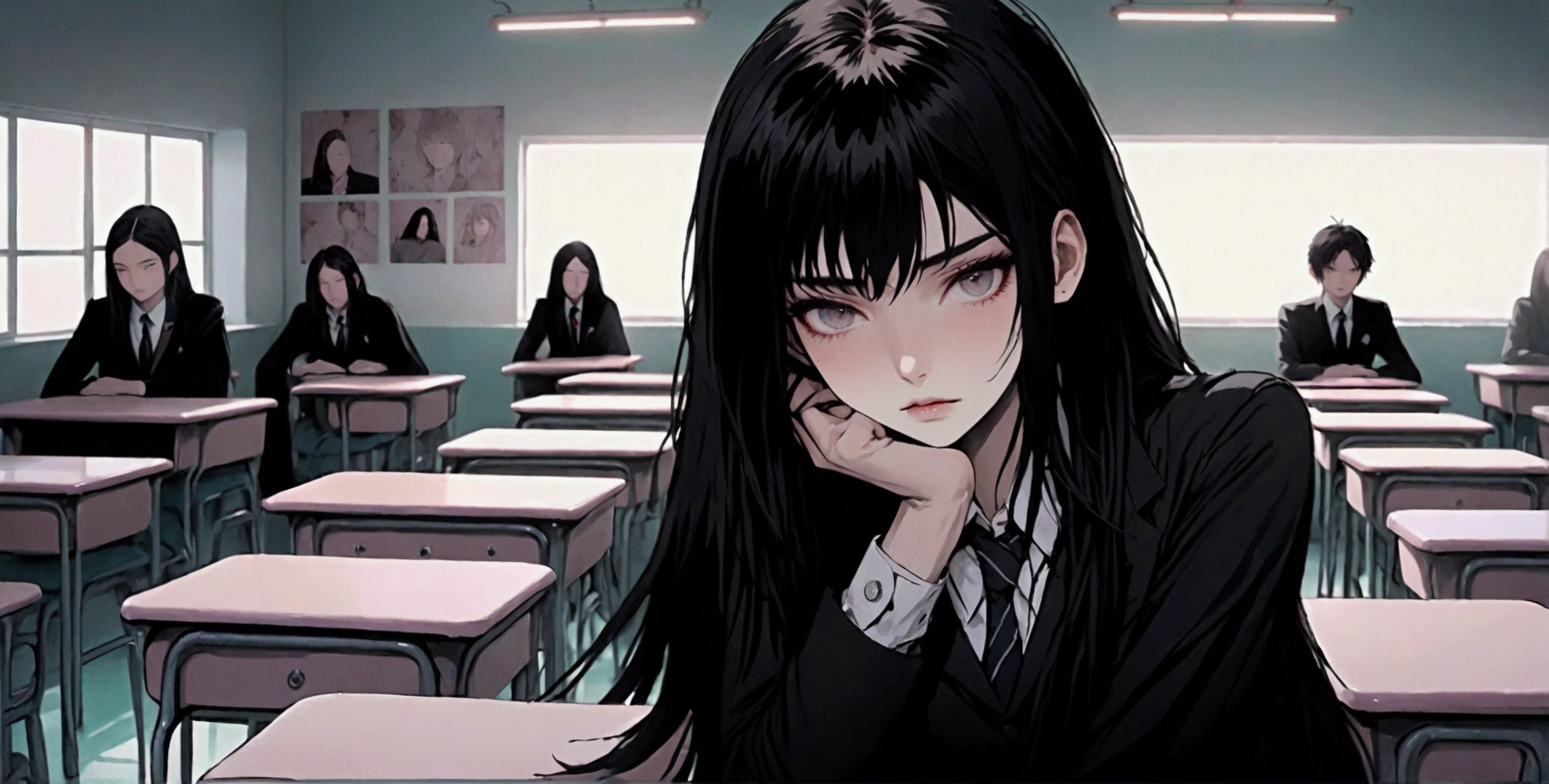 Male, Black wolfcut hair, femenine face, school uniform, beautiful