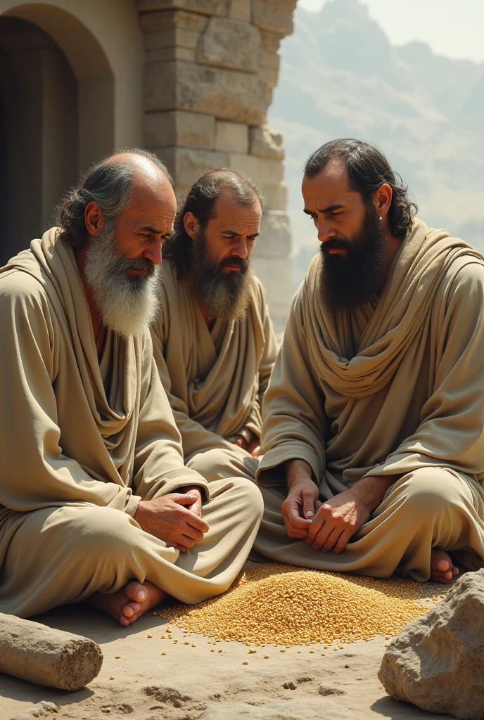 modelshoot style, (extremely detailed CG 8k wallpaper), ((full body photo)), 3 apostles of Jesus Christ: Peter Paul and John, talking, sitting in a rock, barefoot and orange and poor and torn old covers, majestic professional oil painting by Ed Blinkey, trend in ArtStation, Intricate, High Detail, sharp focus, dramatic and photorealistic painting art --auto --s2