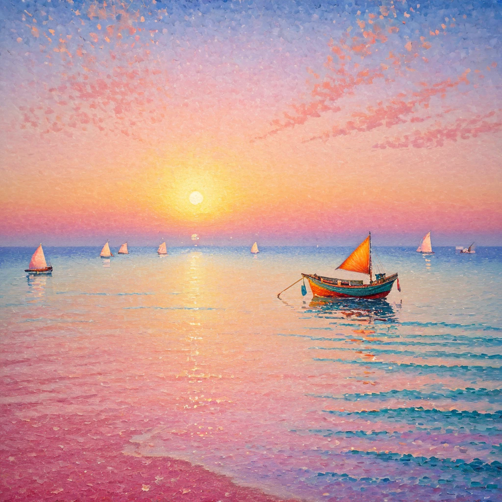 best quality , a detailed illustration of , 16K , pointillism technique , fishing boat floating on calm sea , sunset sky , beautiful gradient in sky and ocean , warm orange and pink hues , soft light reflections on water , tranquil atmosphere , horizon in the distance , gentle waves , peaceful scene , wide-angle view , Impressionism , use bright colors