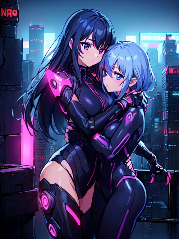 ((2girl,yuri),female ninja,princess),Very detailed,High resolution,4K,8k,masterpiece,High resolution,(moon night,Late Night,long shot,Cyberpunk cityscape,Vibrant neon glow),(kiss),gazed at each other